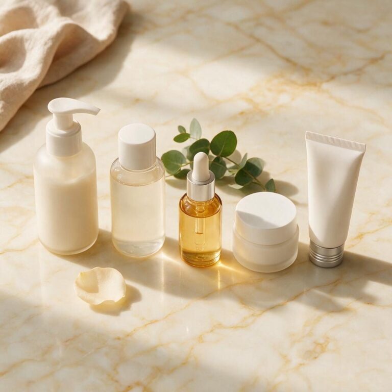 Proizvodi za jutarnju i večernju rutinu nege lica: čistač, tonik, serum, hidratantna krema i SPF